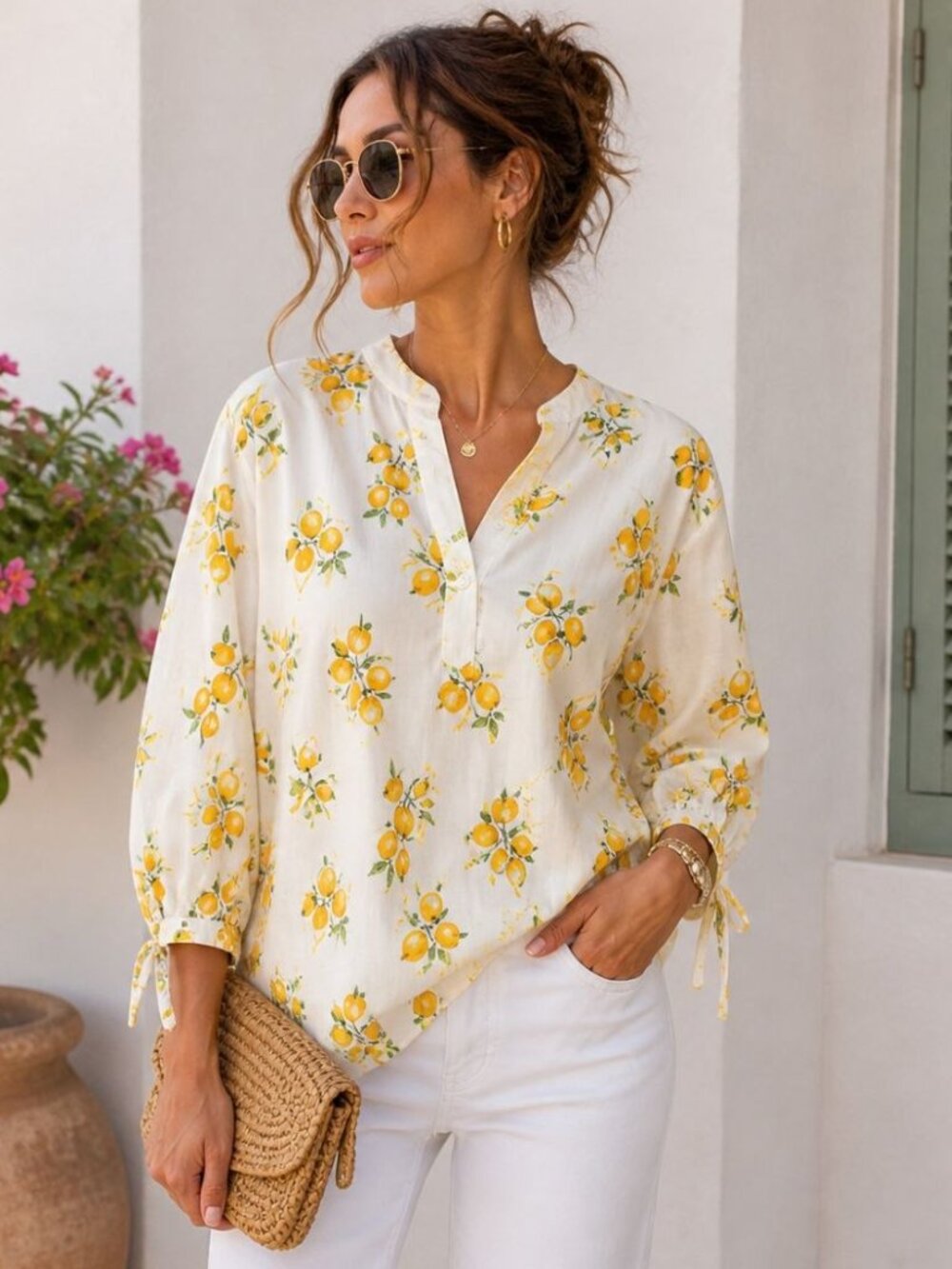 Lemon Print Oversized Cotton Blouse White Yellow Resort Vacation Top Size M